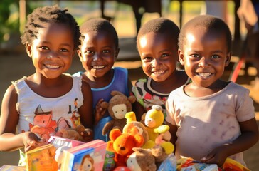 African children smiling with their new toys - obrazy, fototapety, plakaty