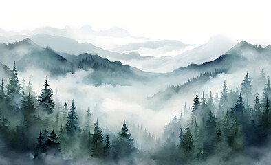 Obraz premium the watercolor painting of trees in the forest with fog 