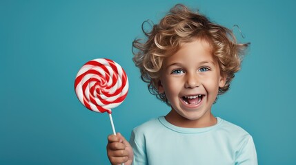 Boy holding a round lollipop on a blue background, - obrazy, fototapety, plakaty