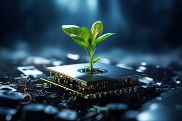 A young sprout growing from a microchip sitting on top of a computer processor,