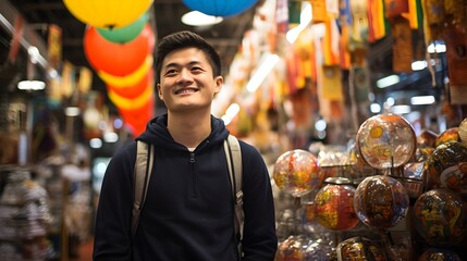 A smiling young man with a backpack looks up admiringly at colorful lanterns in a vibrant marketplace