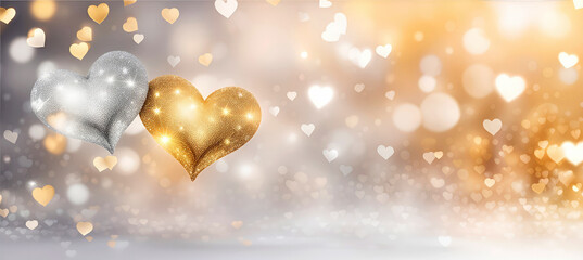 Valentine's Day banner with two gold and silver hearts  on a blurred heart shaped bokeh background with free space for text.St.Valentine's Day,Love Wedding concept.Generative AI
 - obrazy, fototapety, plakaty