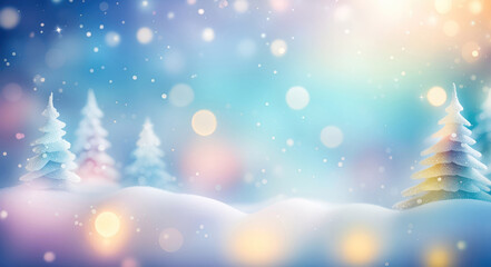 Fototapeta na wymiar Christmas blurred light blue background with snowy fir trees,snowfall and garland lights. New Year, winter holidays banner for design.Generative AI 