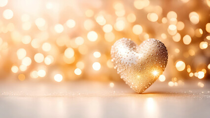 Fototapeta premium Valentine's Day banner with golden jewelry heart with diamonds on a blurred bokeh background with copy space.Generative AI 