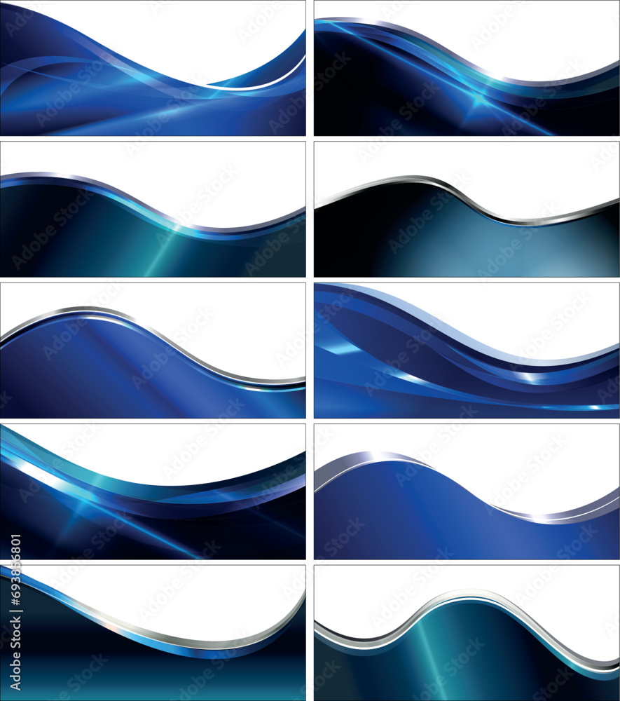 Poster shiny metallic blue wavy lines business card and background set.