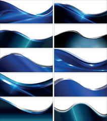Shiny metallic blue wavy lines business card and background set.