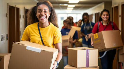 Exciting moments acaptured as students embark on their college journey, captured in a bustling dormitory setting. Eager faces carrying boxes and bedding, move into colorful and inviting Generative AI.