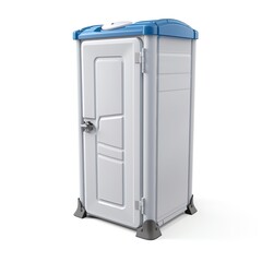 a white and blue portable toilet