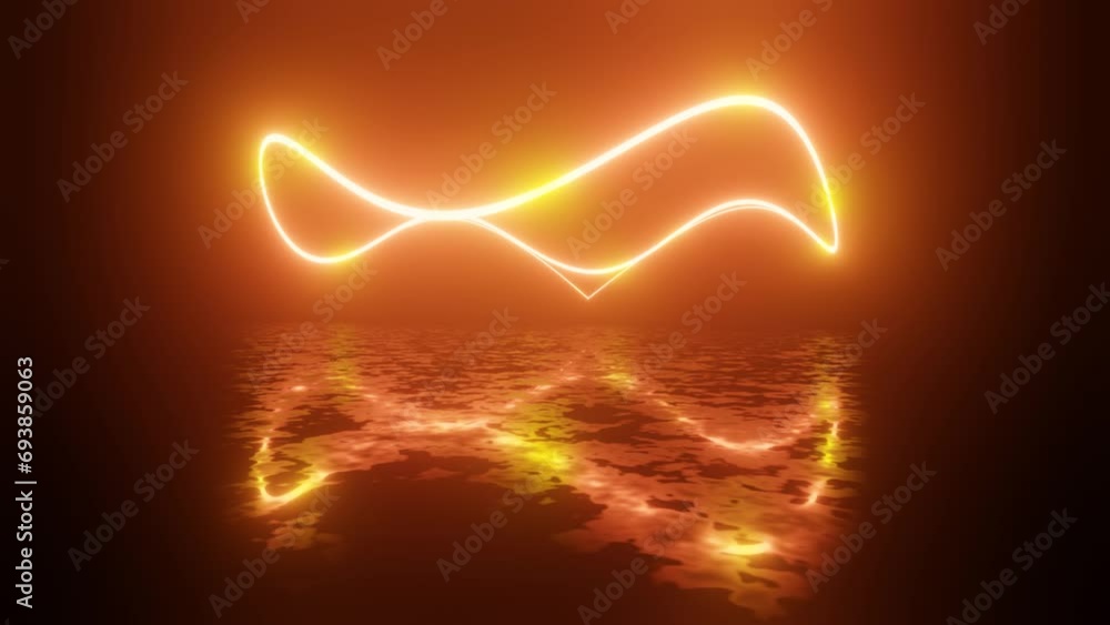 Poster neon curved rings spin. neon design 4k video with various neon elements and a reflecting floor. loop