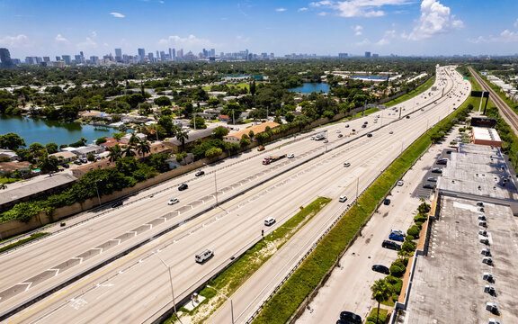 Hallandale Beach, Florida, USA - The I-95 highway going southbound, with Sunny Isles in the distance.