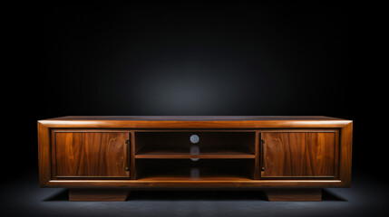 A brown wooden TV stand is seen - obrazy, fototapety, plakaty