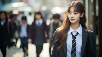 Fototapeta na wymiar A happy, lovely korean teenager girl walking down a complex street in downtown seoul in a school uniform. generative AI