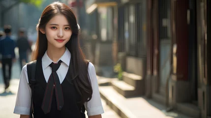 Fotobehang A happy, lovely korean teenager girl walking down a complex street in downtown seoul in a school uniform. generative AI © yj