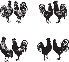 Vector Black silhouette of rooster hen on white background.