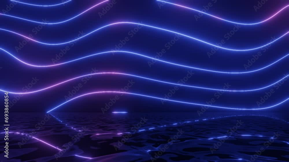 Poster neon design blue purple pattern curved lines. 4k video with various neon elements and a reflecting f
