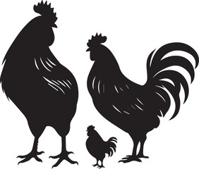 Vector Black silhouette of rooster hen on white background.