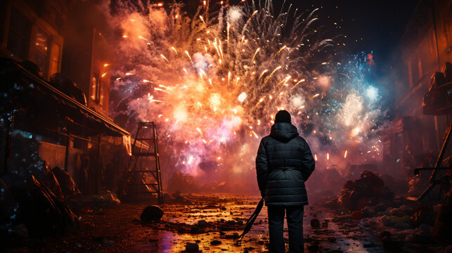 New Year celebration, the colorful explosion in the night sky. Generative AI