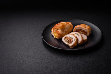 Delicious fresh meat roll made from chicken fillet, mushrooms, spices and herbs