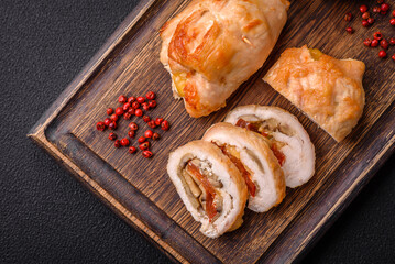 Delicious fresh meat roll made from chicken fillet, mushrooms, spices and herbs