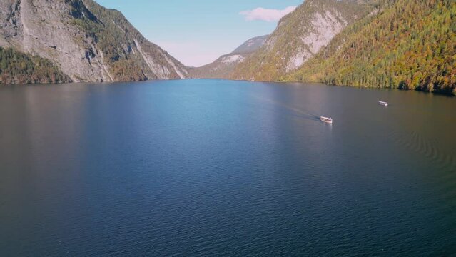 The drone aerial footage of Lake Konigsee, Berchtesgadener land, Bavaria, Germany.	 The K&ouml;nigssee is a natural lake in the southeast Berchtesgadener Land district of the German state of Bavaria.