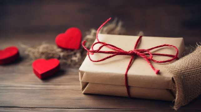 Paper-wrapped gift box with red ribbon and hearts, valentine day background