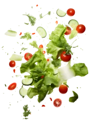 Poster A dynamic arrangement of fresh salad ingredients suspended in mid-air, with droplets of water enhancing their freshness © mashimara