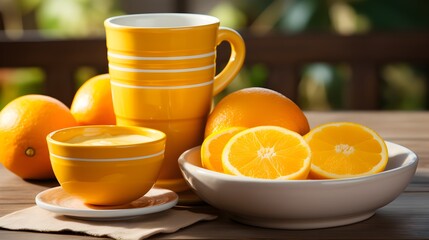 A cup of coffee with a vibrant orange slice, set against a contrasting teal and orange background,...