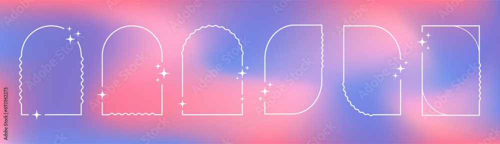 Poster thin empty archs and frames on a blurred gradient mesh backdrop, y2k decorations, picture borders on