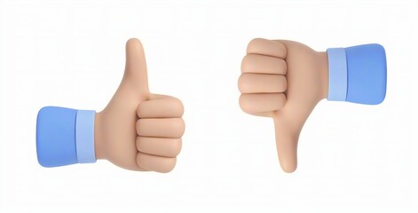 Thumb up and thumb down flat icon, 3D cartoon hand with thumb up and down gesture. Vote or rating signs concept,Like dislike icon set,Concept of social networks - obrazy, fototapety, plakaty
