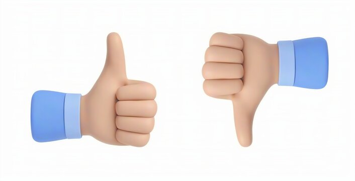 Thumb up and thumb down flat icon, 3D cartoon hand with thumb up and down gesture. Vote or rating signs concept,Like dislike icon set,Concept of social networks