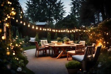 Summer evening on the patio of beautiful suburban house with lights in the garden garden - obrazy, fototapety, plakaty