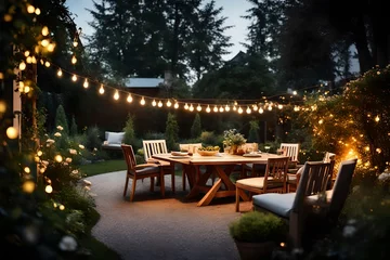 Fotobehang Summer evening on the patio of beautiful suburban house with lights in the garden garden © MISHAL