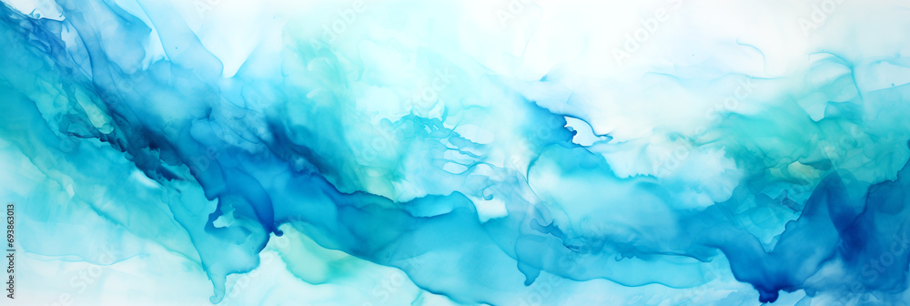 Poster Alcohol ink painting, abstract painting in blue and green tones, diffused turquoise light, flowing aqua silk, blue mist, flowing silk, dynamic pearlescent wallpaper. Horizontal watercolor painting.