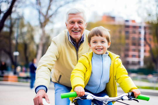 Happy family grandfather teaches child grandson to ride a bike in park