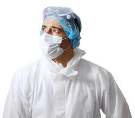 Professional Medical Caucasian man is wearing mask and Personal Protective Equipment or PPE clothing is Healing for patient infected for virus on transparent