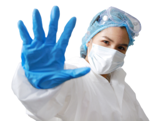 Powerful of doctor Asian woman in Personal Protective Equipment or PPE clothing and Healing for patient and showing stop hand sign for virus on transparent