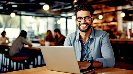 businessman working on laptop in cafe. - obrazy, fototapety, plakaty