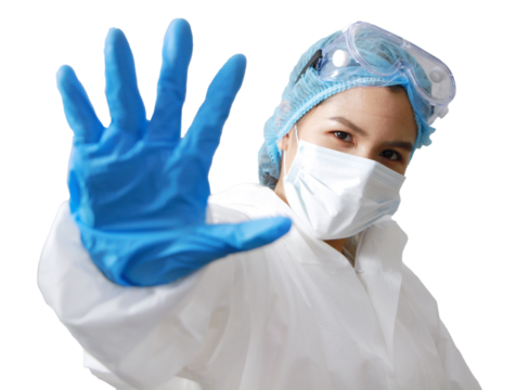 Powerful of doctor Asian woman in Personal Protective Equipment or PPE clothing and Healing for patient and showing stop hand sign for virus on transparent - Powered by Adobe