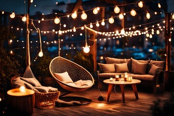 Cozy rooftop patio area with lounge zone,hanging chair and and string lights at warm summer evening