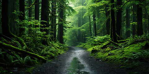 Fototapeta premium Misty road in fir forest. Minimalistic scenery. Generative AI