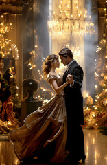 Romantic young couple in love dancing a classic dance on Christmas evening in a decorated, luxurious interior with warm, golden lights. AI generated