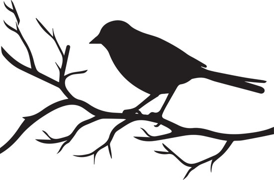 Branch with leaves bird silhouette on white background