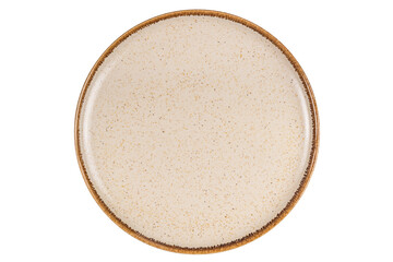 Top view of single empty round spotted brown ceramic plate with brown edge isolated on white...