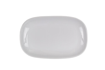 Top view or flat lay of single empty white ceramic tray isolated on white background with cliping...