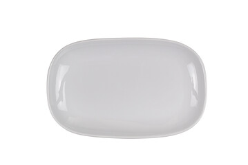 Top view or flat lay of single empty white ceramic tray isolated on white background with cliping path.