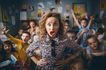 stressed kindergarten teacher - obrazy, fototapety, plakaty