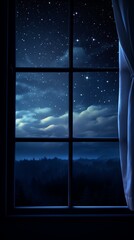 a window with a view of the night sky and stars