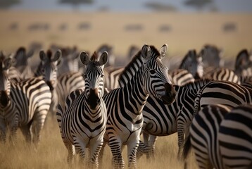 Fototapeta na wymiar African savannah groups zebras. Stripped safari wildlife mammal animals. Generate ai