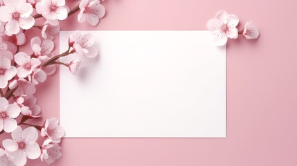 a white rectangular card with pink flowers on it - obrazy, fototapety, plakaty