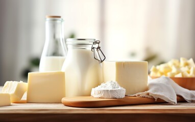a group of milk and butter on a wooden board